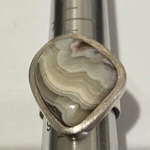 Unusual SJ striped agate on wide sterling silver band in bezel setting